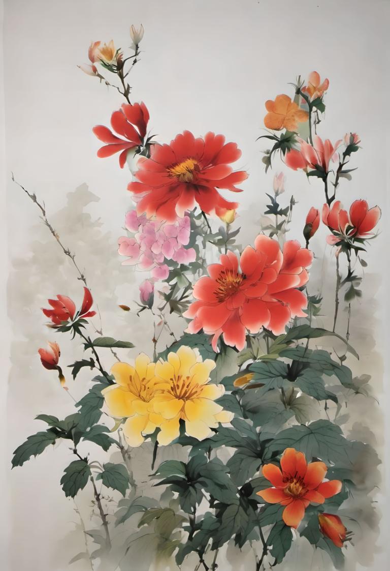 国画,国画, 自然, 花, 没有人类, 花, 红花, 静物, 灰色背景, 叶子, 黄花, 橙花, 粉红色的花, 植物, 简单的背景