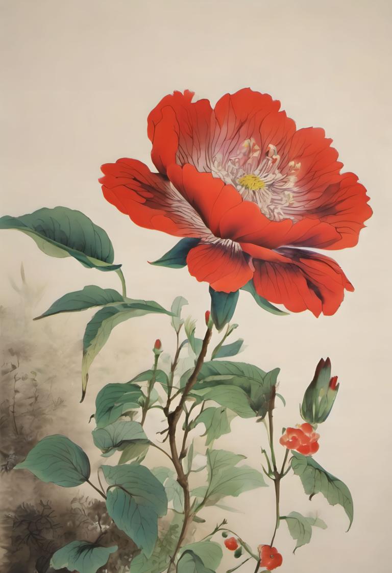 中国絵画,中国絵画, 自然, 花, 花, 人間がいない, 赤い花, 葉, 植物, 静物