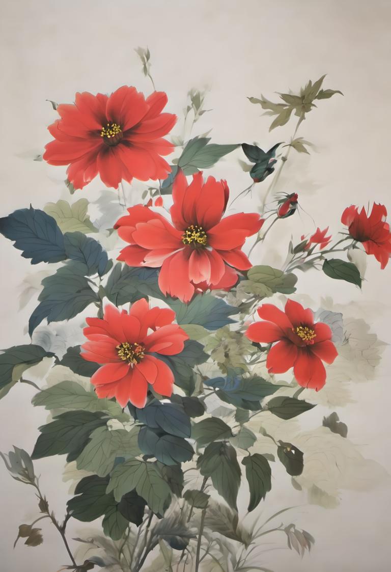 Chinese Paintings,Chinese Paintings, Nature, flowers, flower, no humans, leaf, red flower, still life, plant