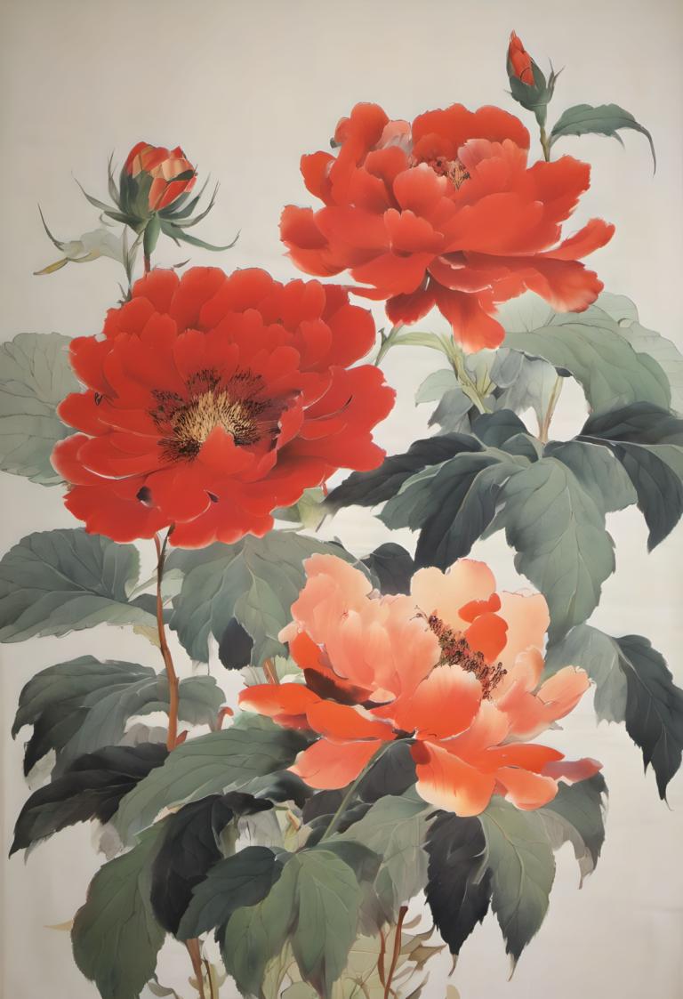 中国絵画,中国絵画, 自然, 花, 花, 人間がいない, 葉, 赤い花, 静物, シンプルな背景, 灰色の背景, 植物, 白色の背景