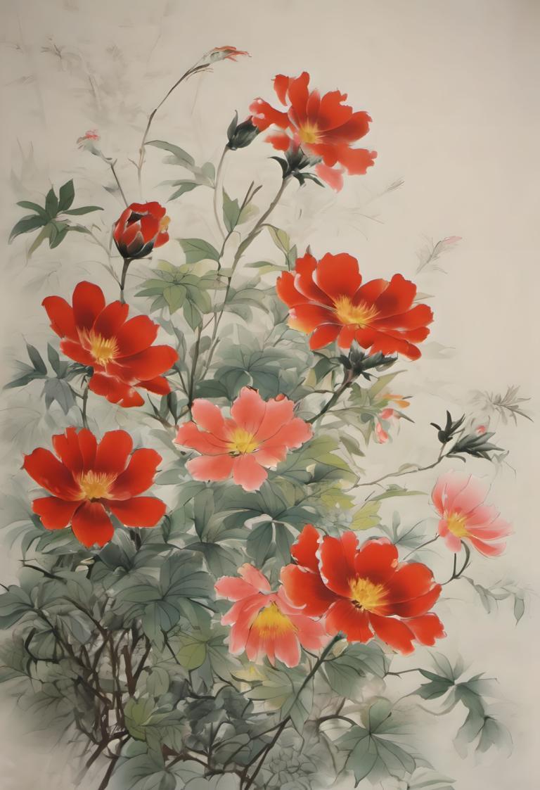 Chinese Paintings,Chinese Paintings, Nature, flowers, no humans, flower, red flower, leaf, still life, plant