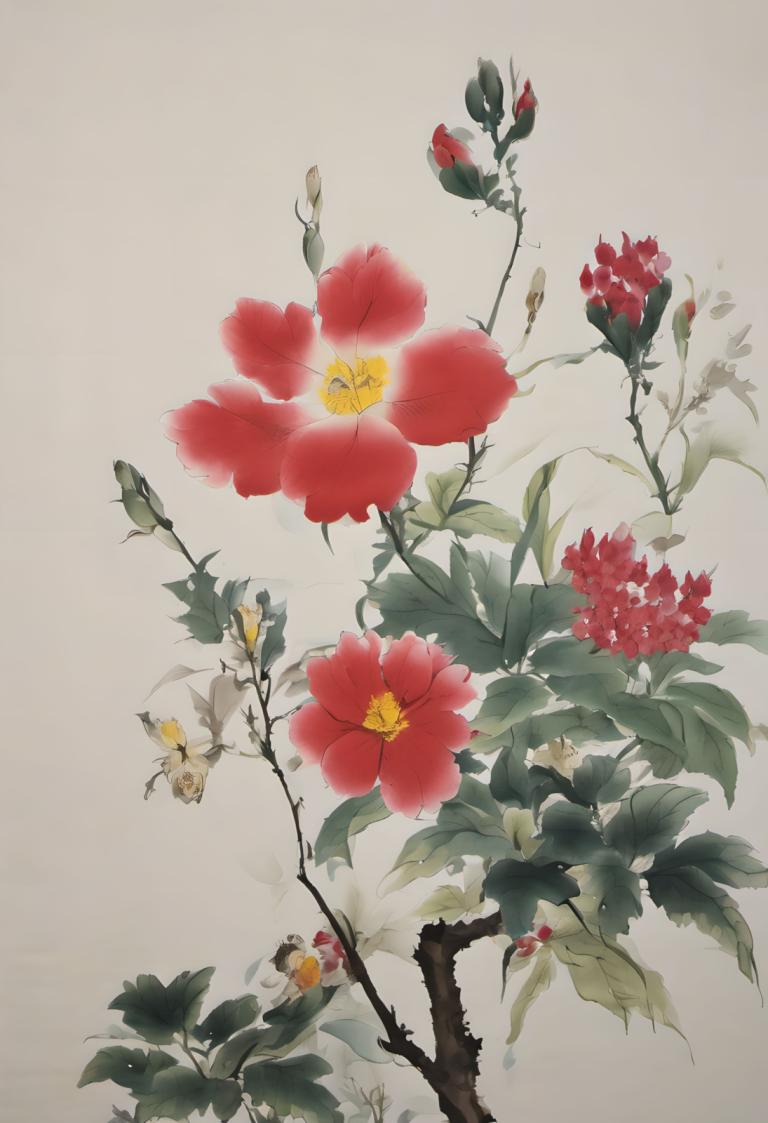 国画,国画, 自然, 花, 花, 没有人类, 红花, 植物, 叶子, 简单的背景, 分支, 灰色背景, 树, 茶花, 静物