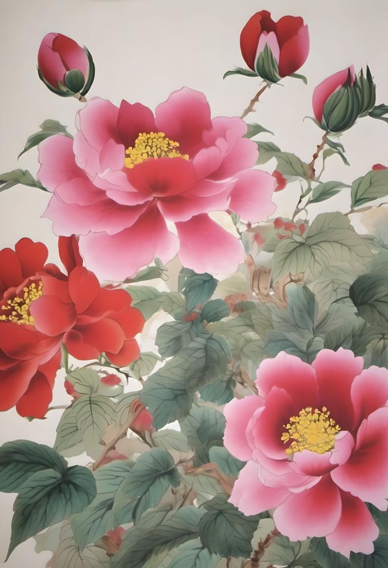 中国絵画,中国絵画, 自然, 花, 人間がいない, 花, 静物, 葉, 赤い花, シンプルな背景, ピンクの花, 灰色の背景, 植物, 白色の背景