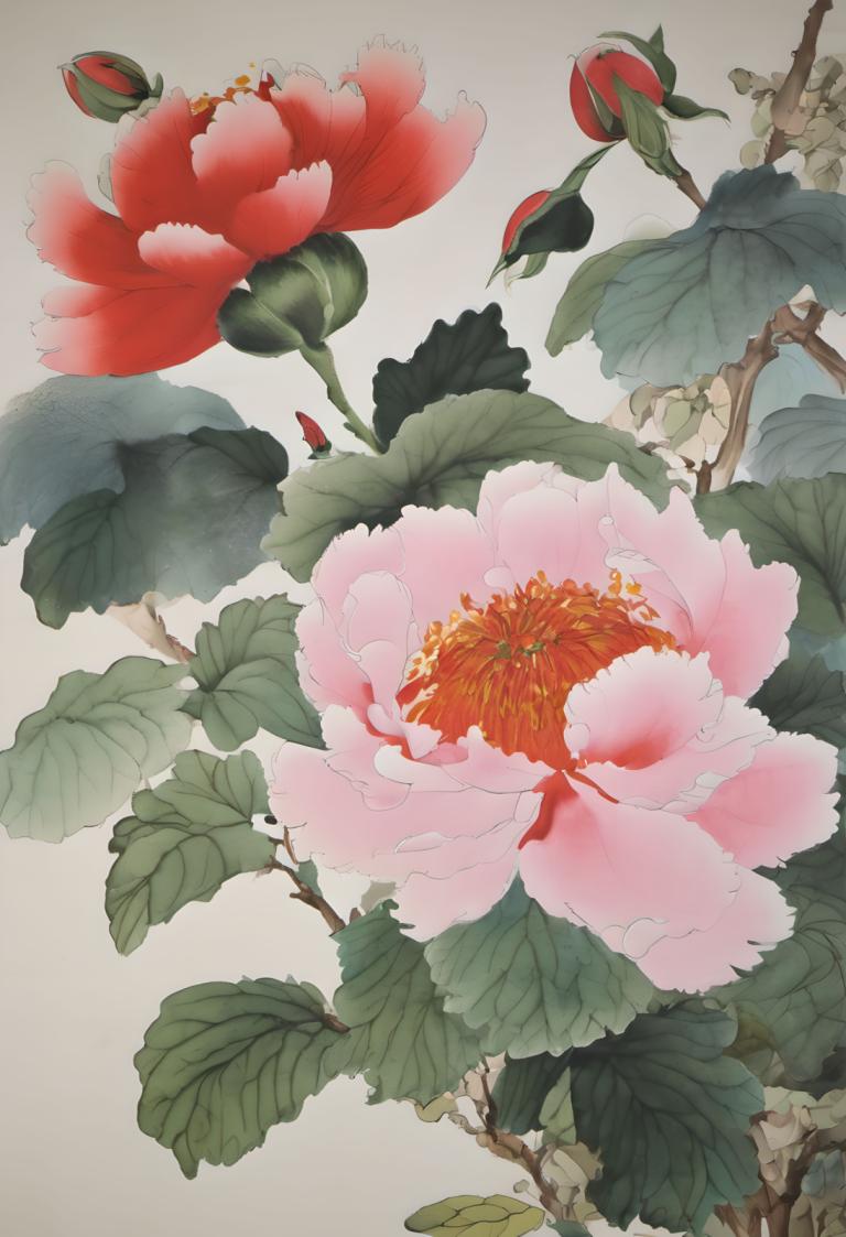 国画,国画, 自然, 花, 没有人类, 花, 静物, 叶子, 简单的背景, 植物, 灰色背景, 红花, 粉红色的花