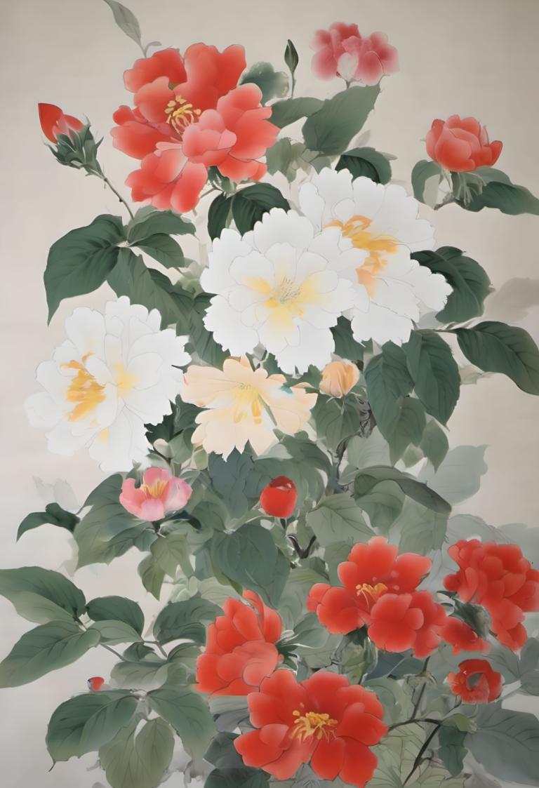 中国絵画,中国絵画, 自然, 花, 花, 人間がいない, 静物, 葉, 赤い花, 白い花, 灰色の背景, 植物, シンプルな背景, カメリア