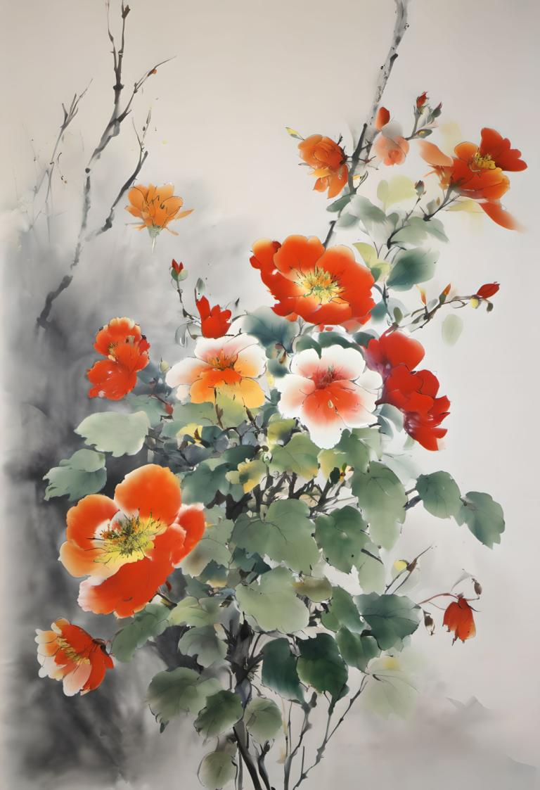 Chinese Paintings,Chinese Paintings, Nature, flowers, no humans, flower, red flower, branch, leaf, still life