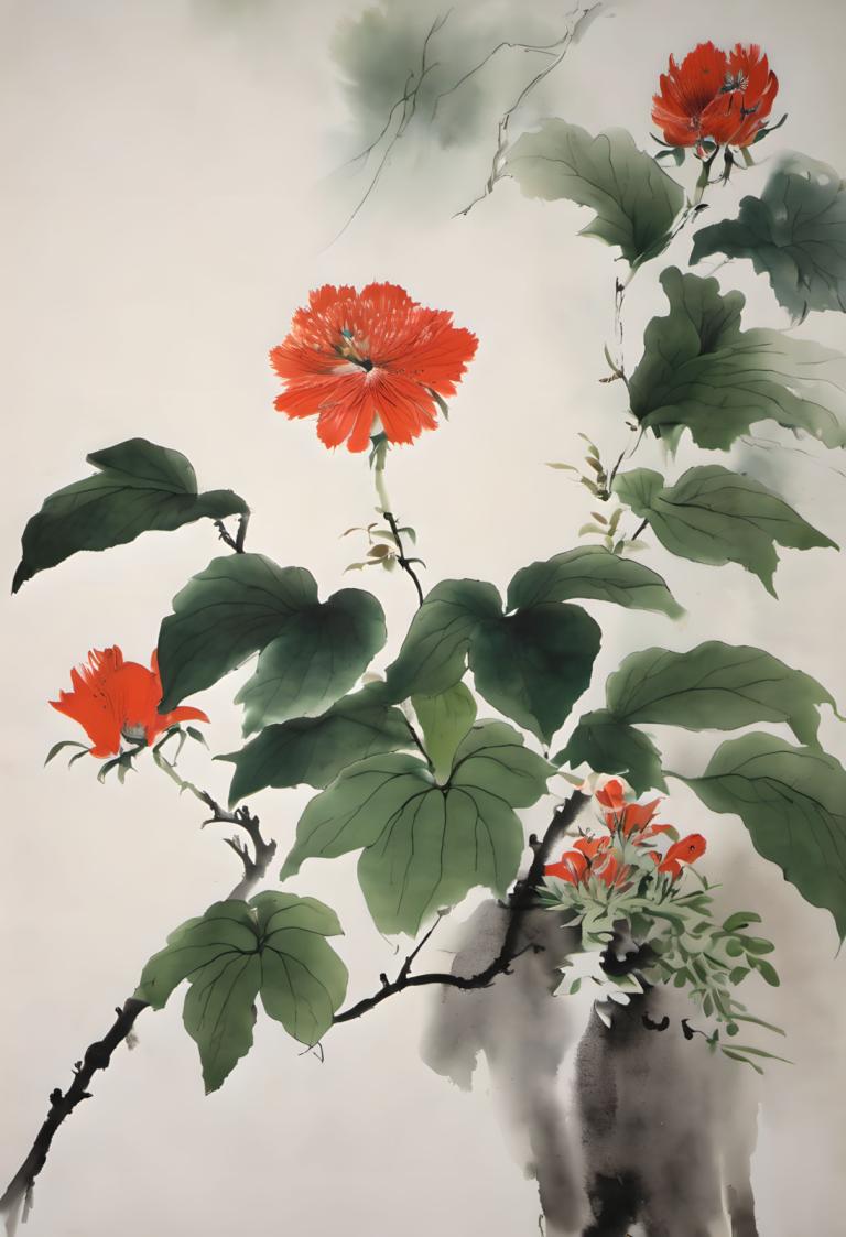 中国絵画,中国絵画, 自然, 花, 人間がいない, 花, 赤い花, 葉, 静物, 植物, 木, 灰色の背景, 支店, 景色, シンプルな背景