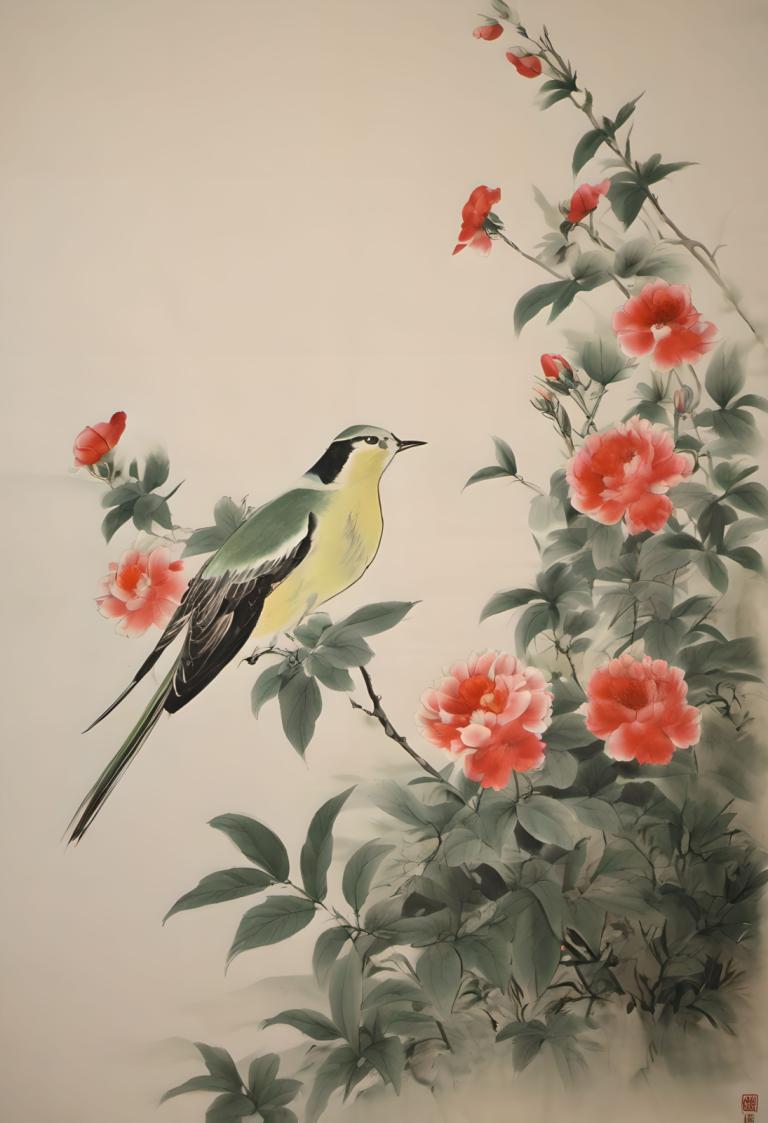 Chinese Paintings,Chinese Paintings, Nature, flowers, no humans, bird, flower, animal focus, plant