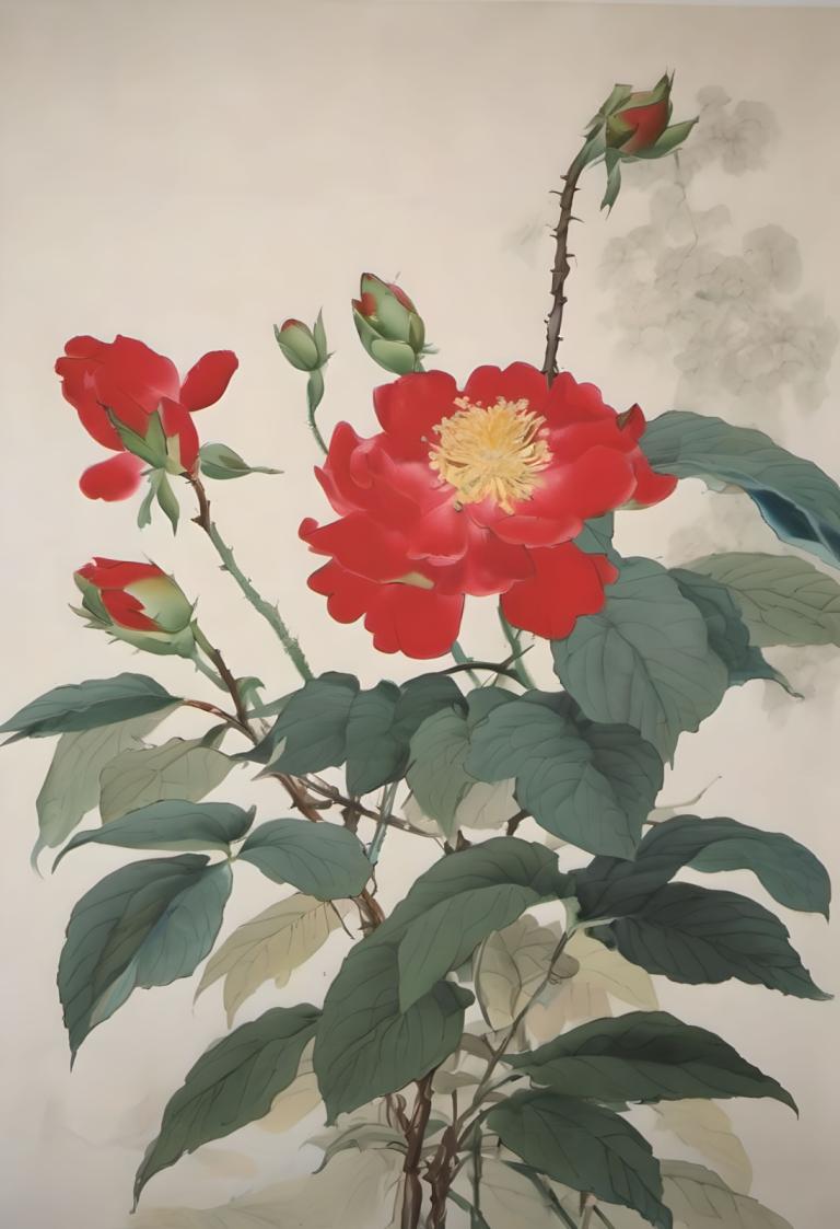 中国絵画,中国絵画, 自然, 花, 人間がいない, 花, 植物, 葉, 赤い花, 静物, 灰色の背景, シンプルな背景