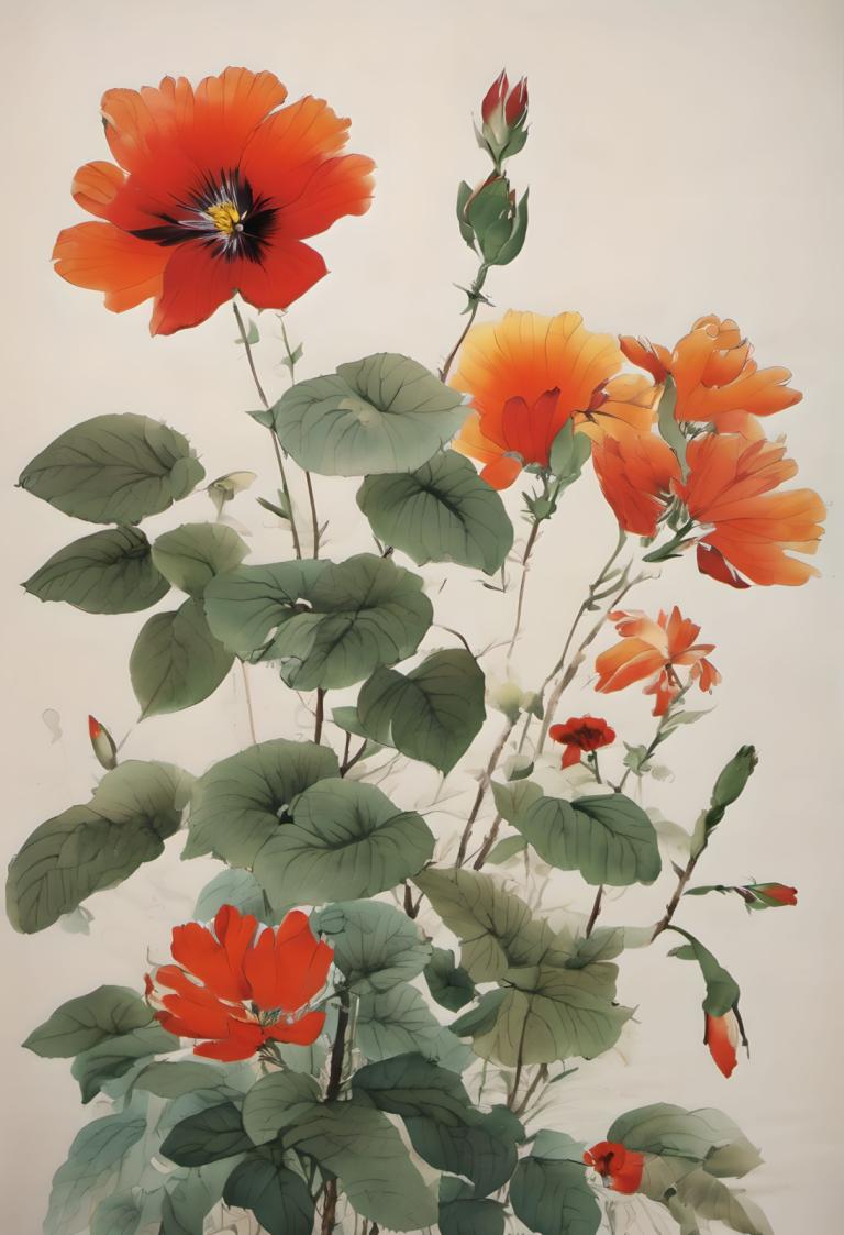 Chinese Paintings,Chinese Paintings, Nature, flowers, no humans, flower, red flower, leaf, simple background