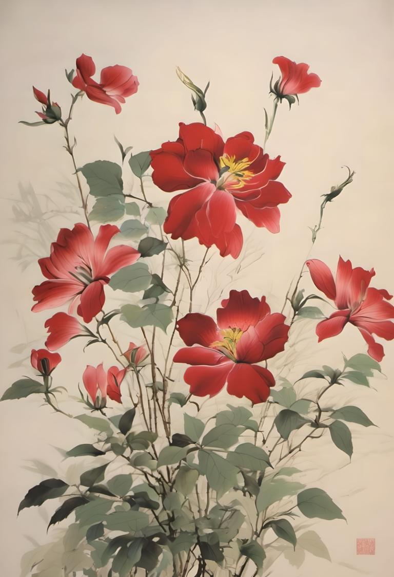 Chinese Paintings,Chinese Paintings, Nature, flowers, no humans, flower, still life, red flower, leaf, plant