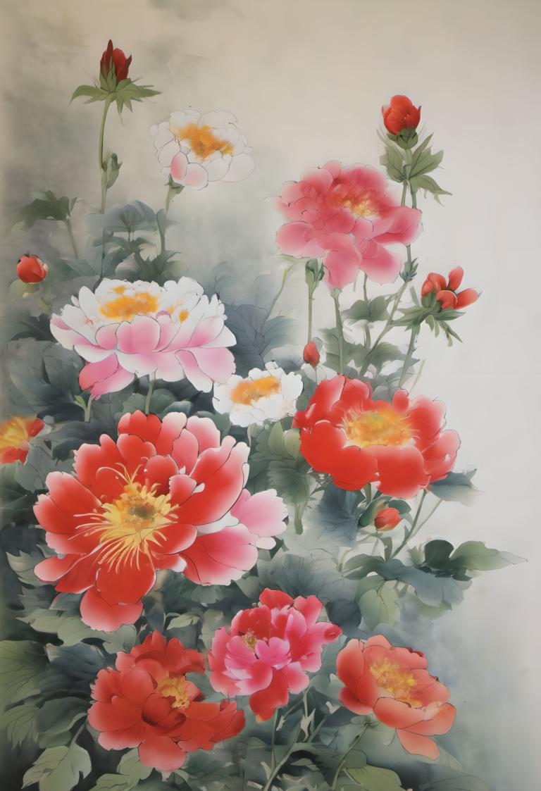 Chinese Paintings,Chinese Paintings, Nature, flowers, no humans, flower, still life, red flower, leaf