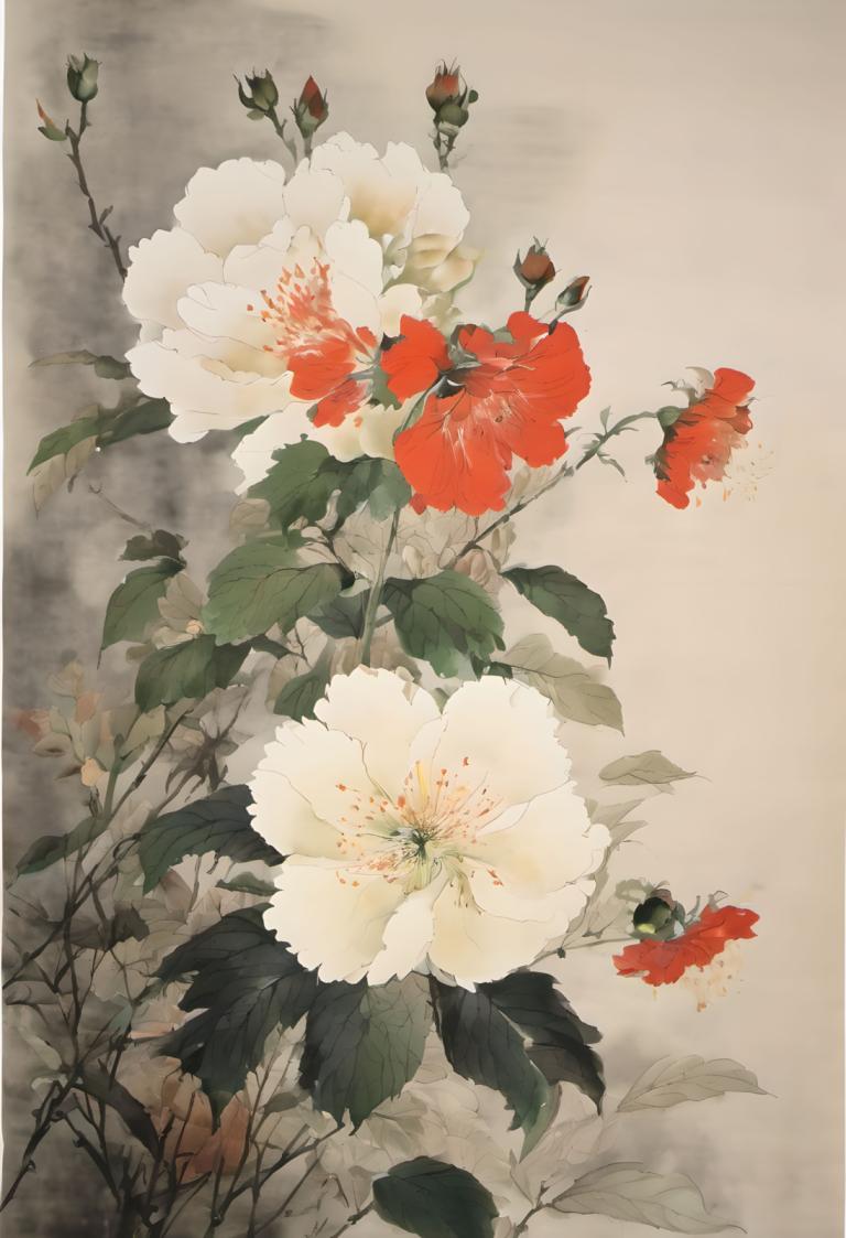 Chinese Paintings,Chinese Paintings, Nature, flowers, no humans, flower, still life, leaf, white flower