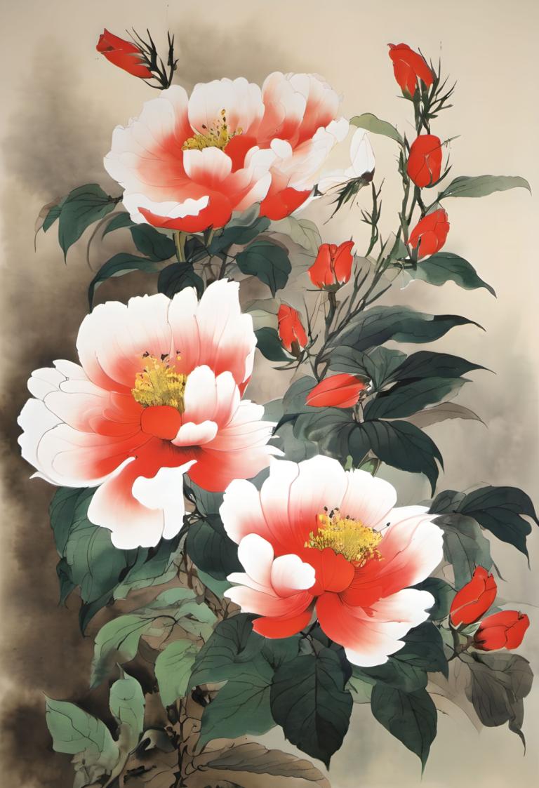 Chinese Paintings,Chinese Paintings, Nature, flowers, no humans, flower, leaf, still life, red flower, plant