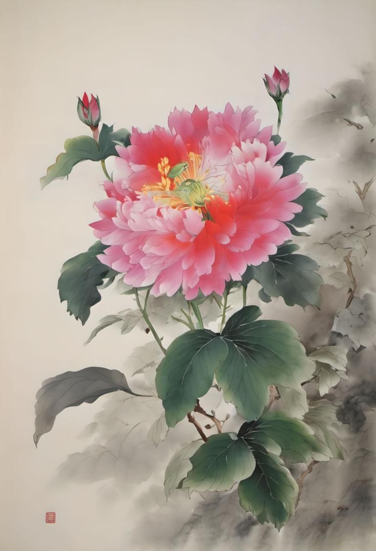 国画,国画, 自然, 花, 没有人类, 花, 叶子, 植物, 静物, 签名, 风景, 粉红色的花