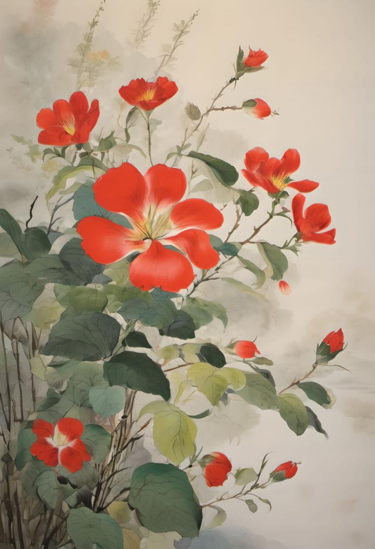 Chinese Paintings,Chinese Paintings, Nature, flowers, no humans, flower, red flower, leaf, plant, still life