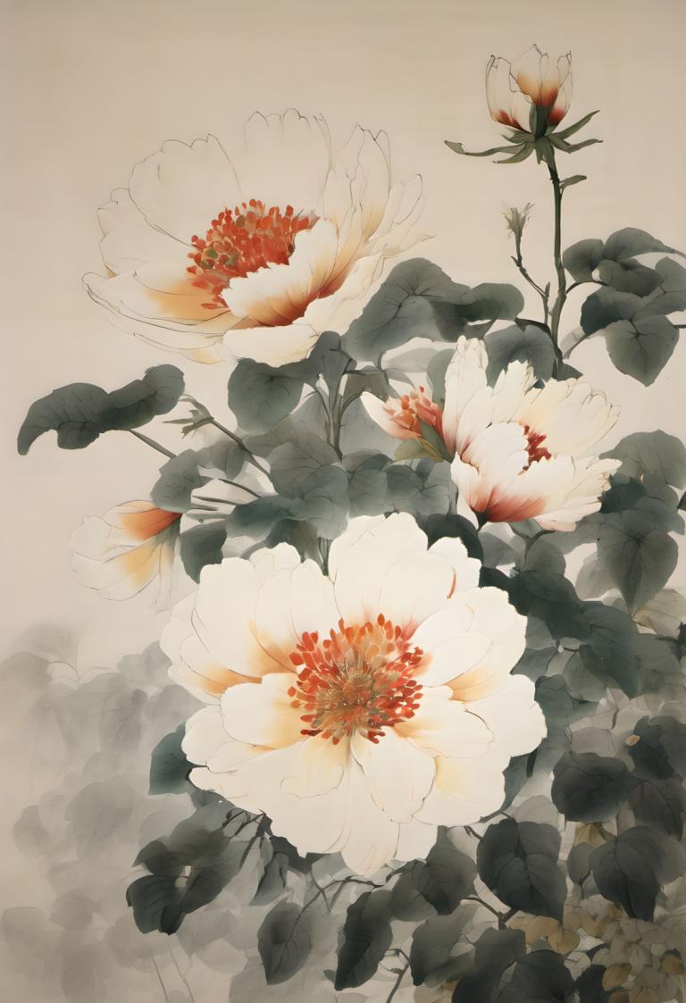 国画,国画, 自然, 花, 没有人类, 花, 静物, 白色的花, 叶子, 简单的背景