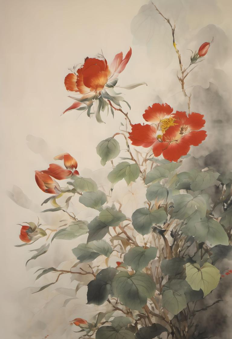 Chinese Paintings,Chinese Paintings, Nature, flowers, no humans, flower, leaf, still life, plant, branch