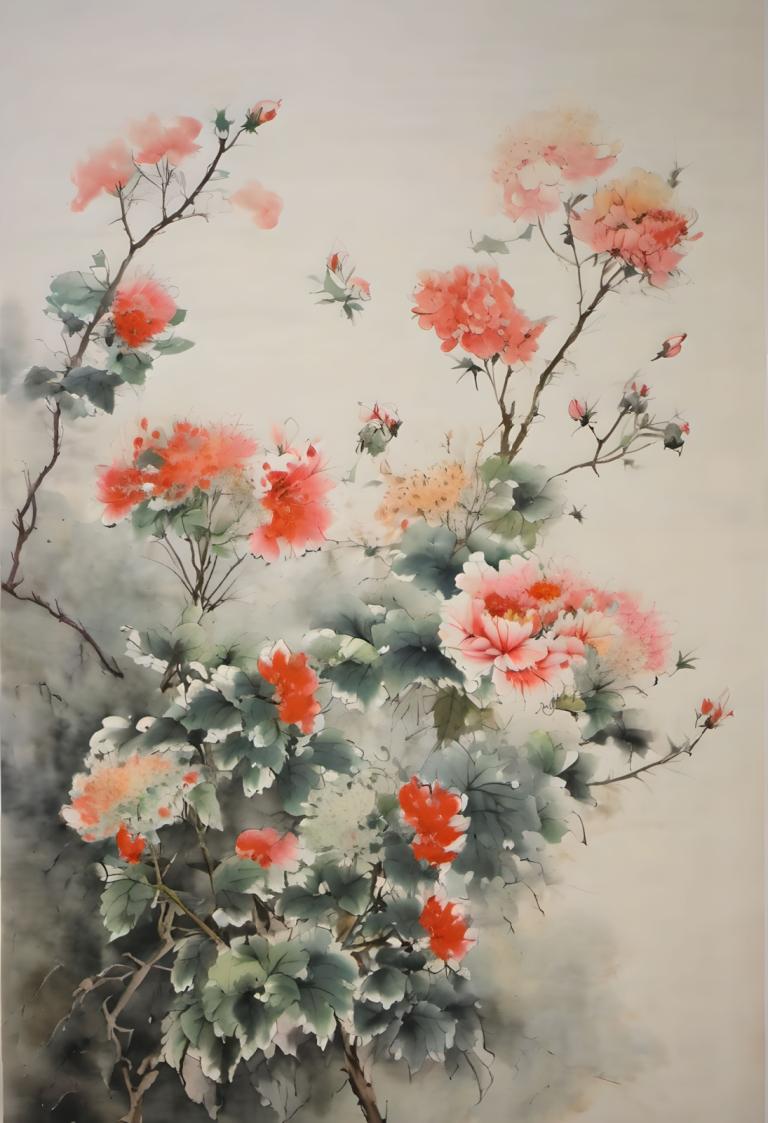 国画,国画, 自然, 花, 没有人类, 花, 传统媒体, 绘画（中）, 分支, 静物, 叶子, 树, 水彩（中）, 植物, 风景, 红花