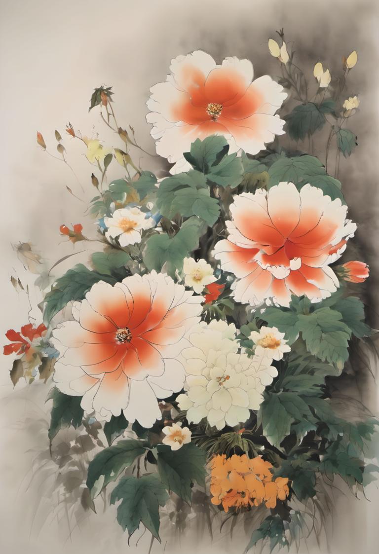 国画,国画, 自然, 花, 没有人类, 花, 白色的花, 叶子, 静物, 红花, 橙花, 灰色背景, 雏菊, 植物