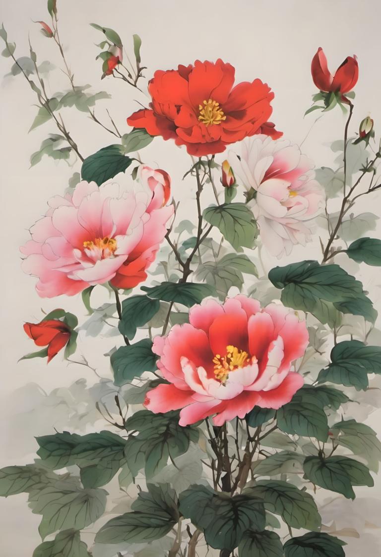 Chinese Paintings,Chinese Paintings, Nature, flowers, no humans, flower, still life, leaf, grey background