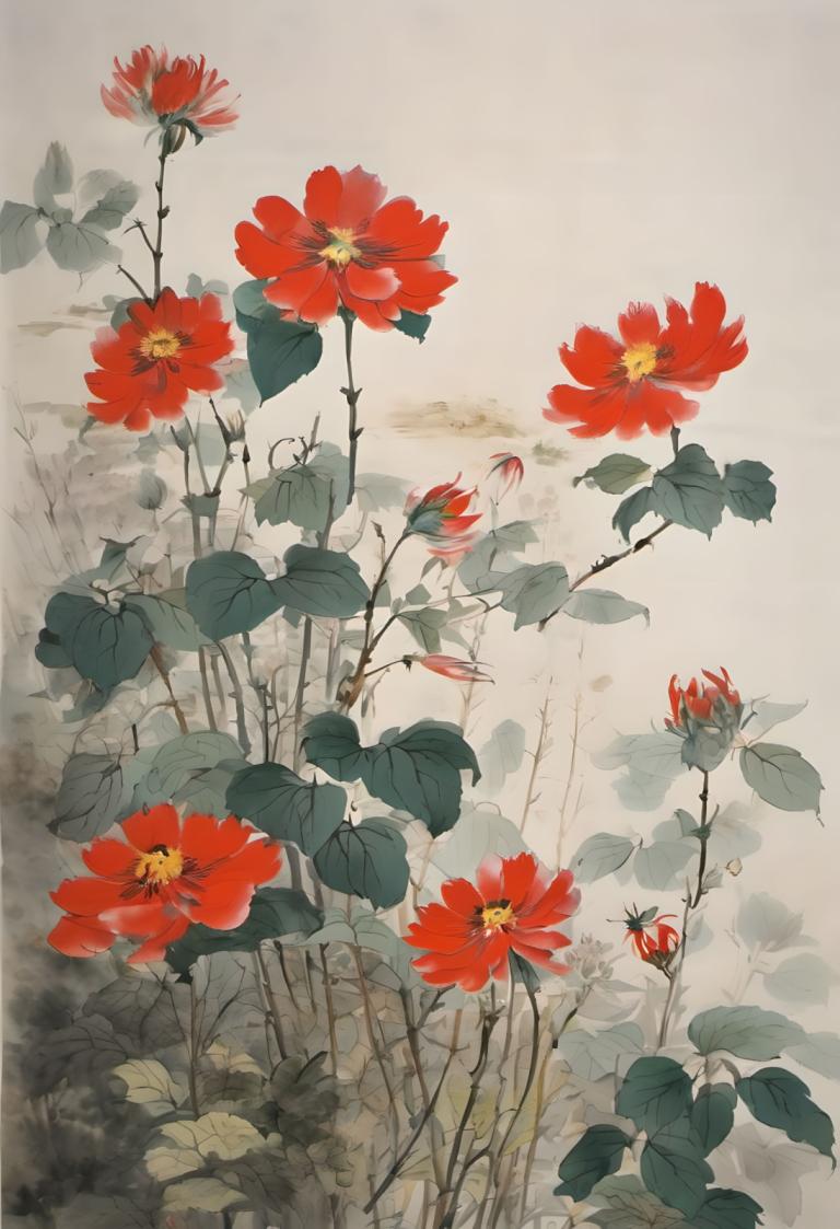 Chinese Paintings,Chinese Paintings, Nature, flowers, flower, no humans, red flower, leaf, plant, scenery