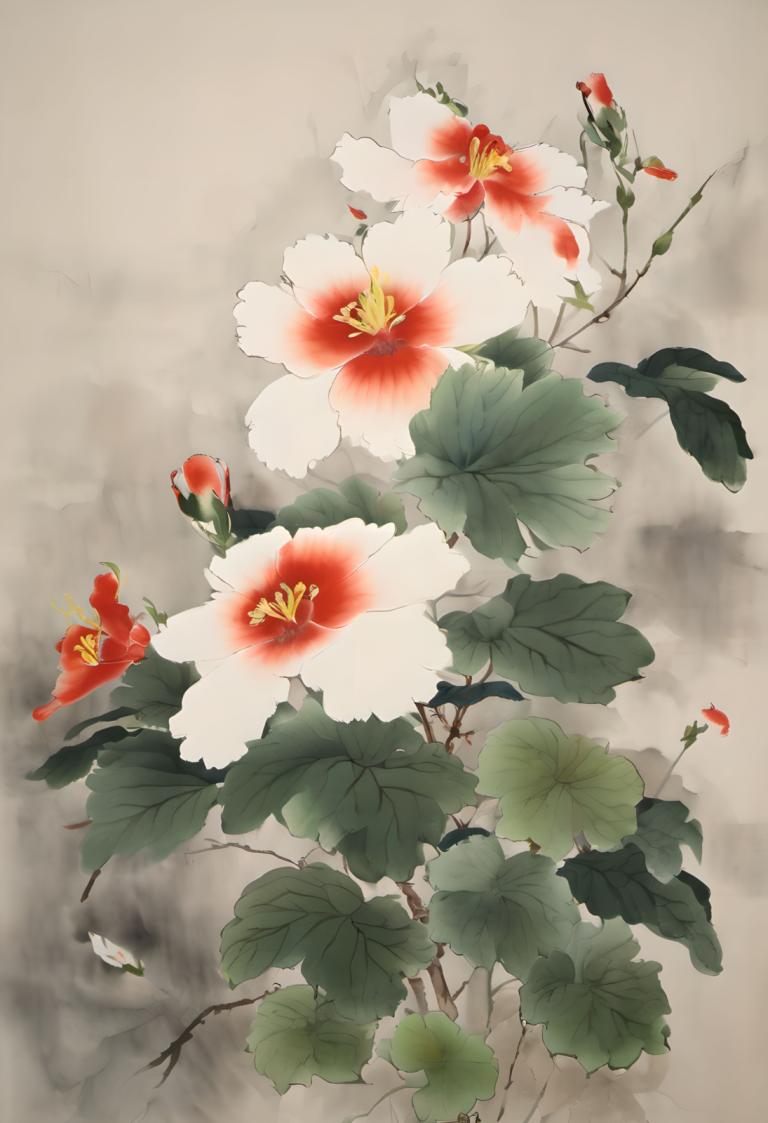 Chinese Paintings,Chinese Paintings, Nature, flowers, no humans, flower, still life, leaf, grey background