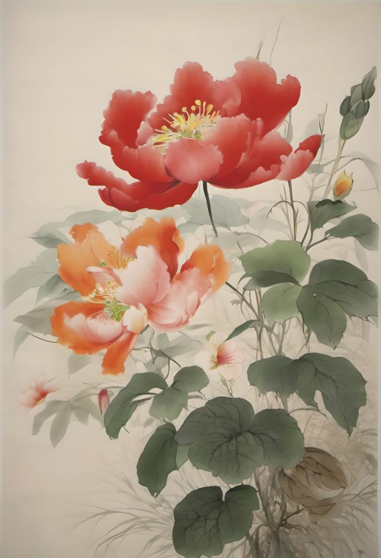 国画,国画, 自然, 花, 没有人类, 花, 静物, 叶子, 红花, 简单的背景, 植物, 灰色背景