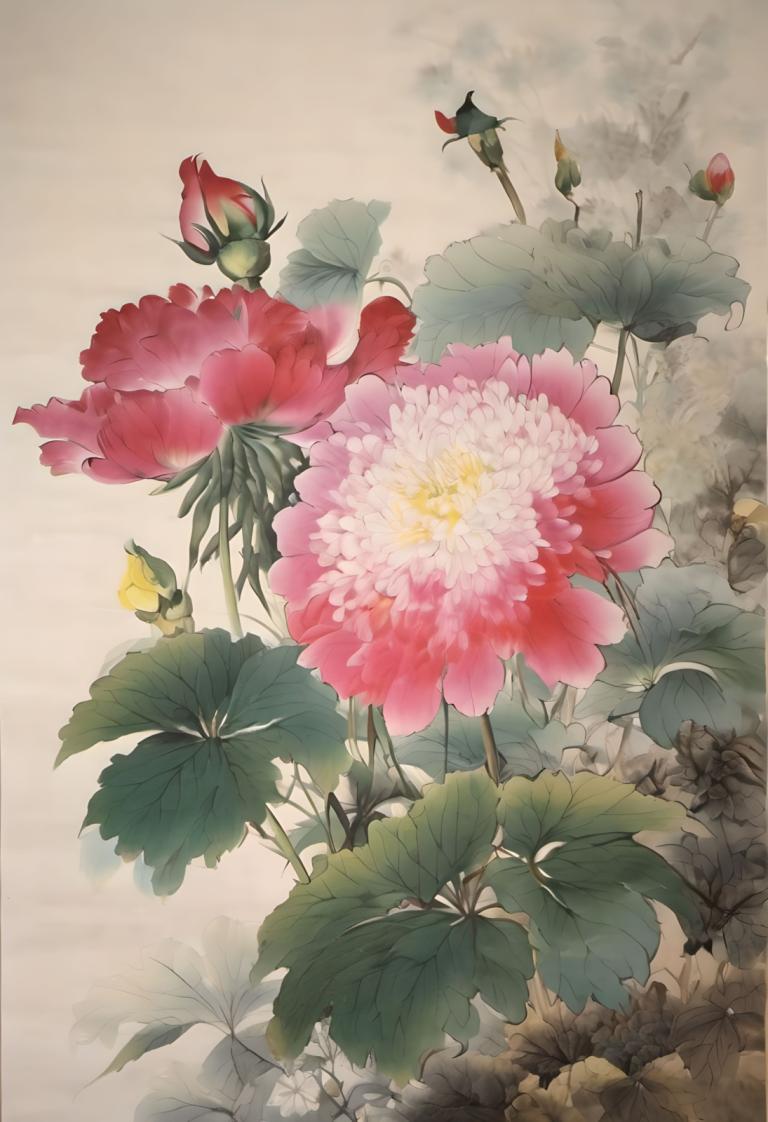 国画,国画, 自然, 花, 没有人类, 花, 叶子, 粉红色的花, 静物, 红花