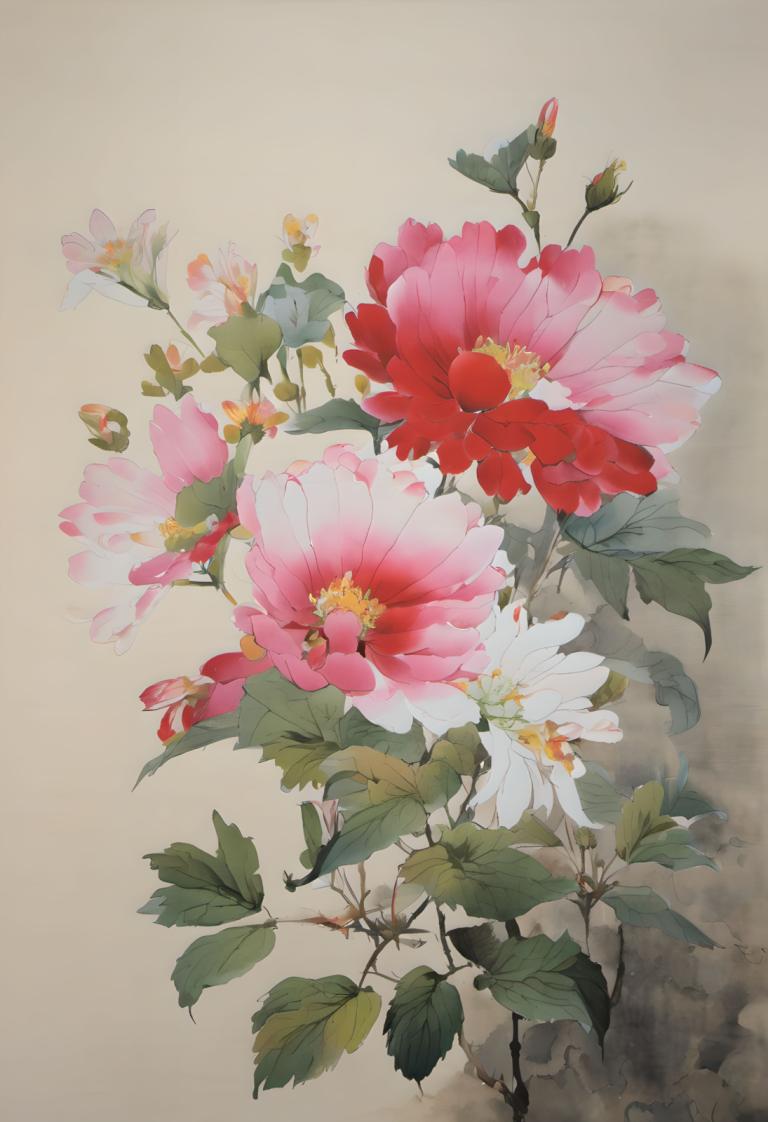 Chinese Paintings,Chinese Paintings, Nature, flowers, no humans, flower, still life, leaf, traditional media