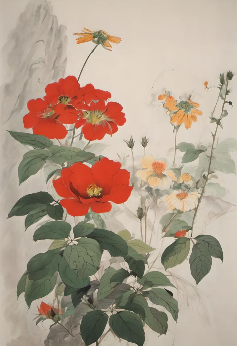 Chinese Paintings,Chinese Paintings, Nature, flowers, no humans, flower, red flower, leaf, orange flower