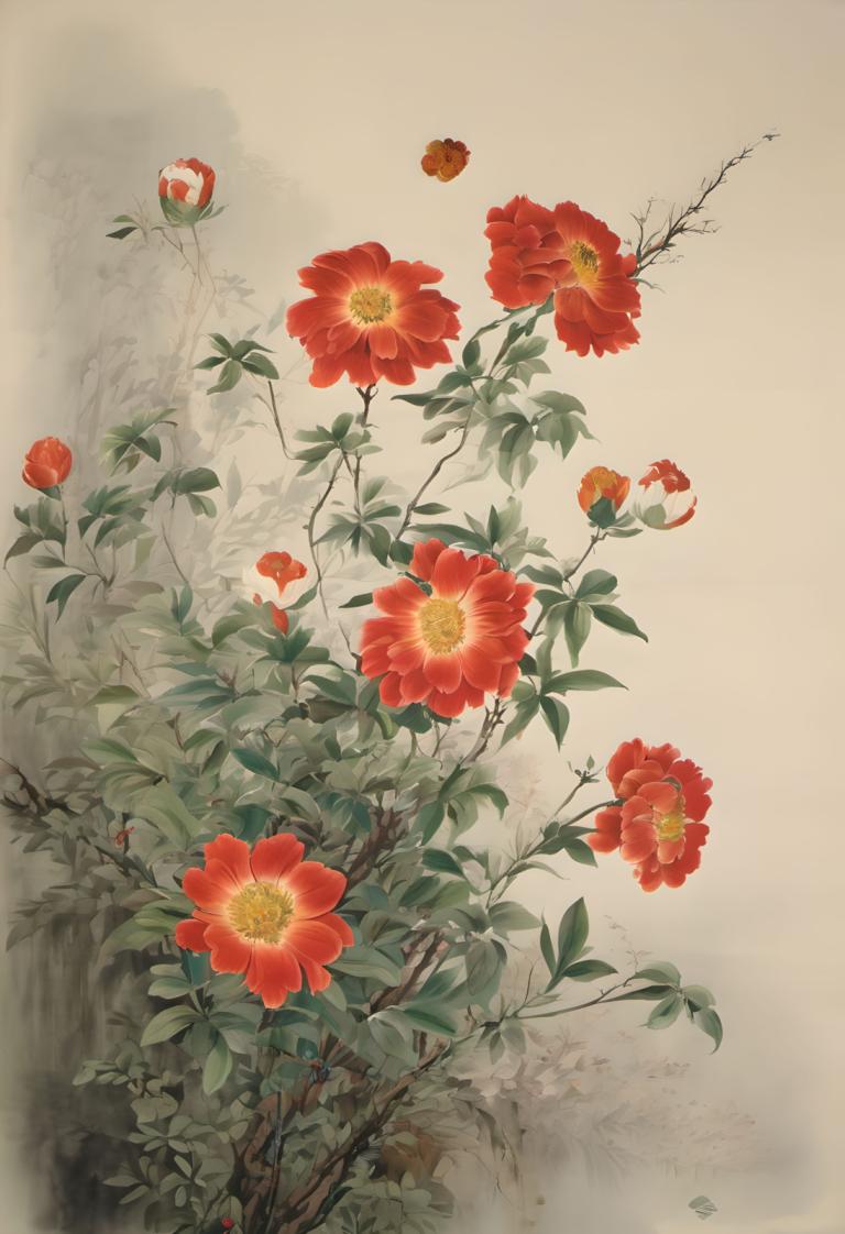 Chinese Paintings,Chinese Paintings, Nature, flowers, no humans, flower, red flower, tree, branch, leaf