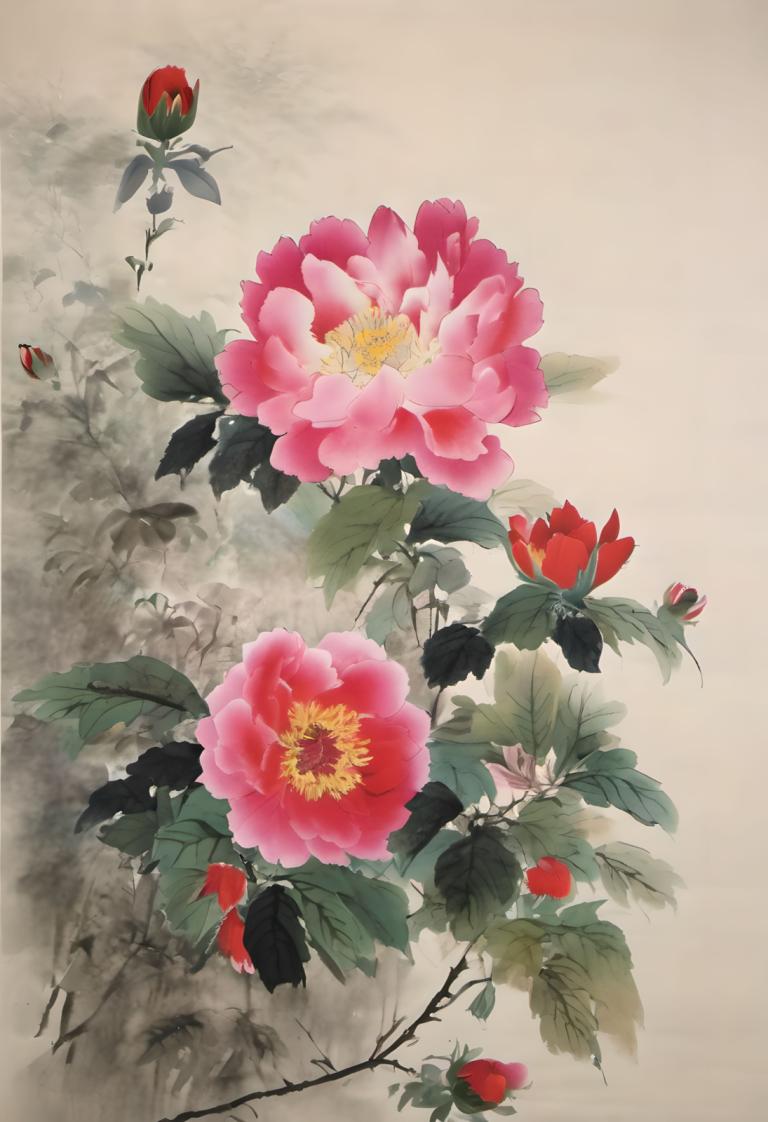 Chinesische Gemälde,Chinesische Gemälde, Natur, Blumen, keine Menschen, Blume, Stillleben, Blatt, rote Blume