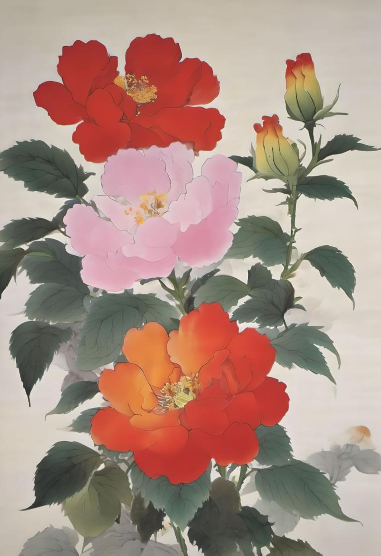 Chinese Paintings,Chinese Paintings, Nature, flowers, flower, leaf, red flower, no humans, orange flower