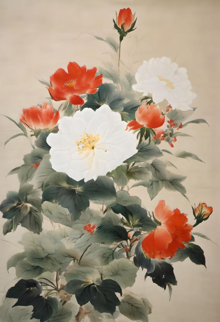 Chinese Paintings,Chinese Paintings, Nature, flowers, flower, no humans, still life, white flower, leaf