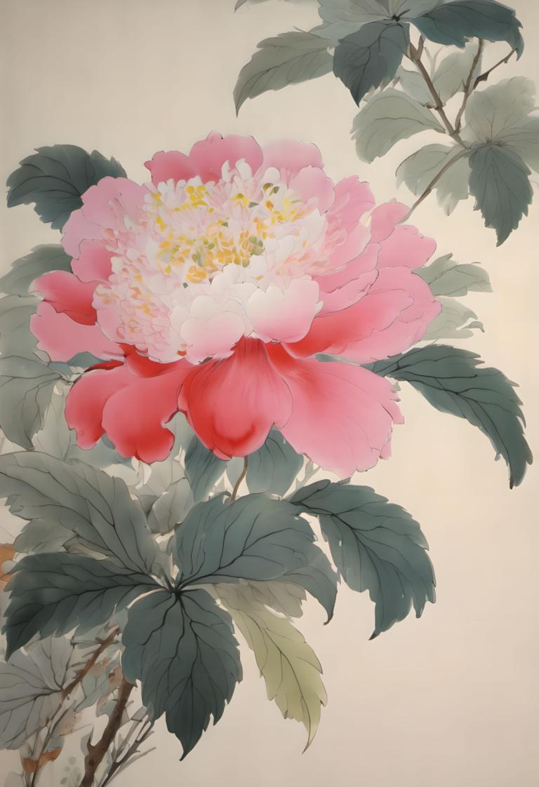 Chinesische Gemälde,Chinesische Gemälde, Natur, Blumen, keine Menschen, Blume, Stillleben, Blatt, pinke Blume