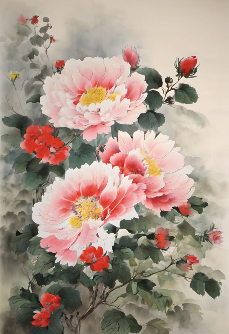 Chinese Paintings,Chinese Paintings, Nature, flowers, flower, no humans, still life, leaf, pink flower