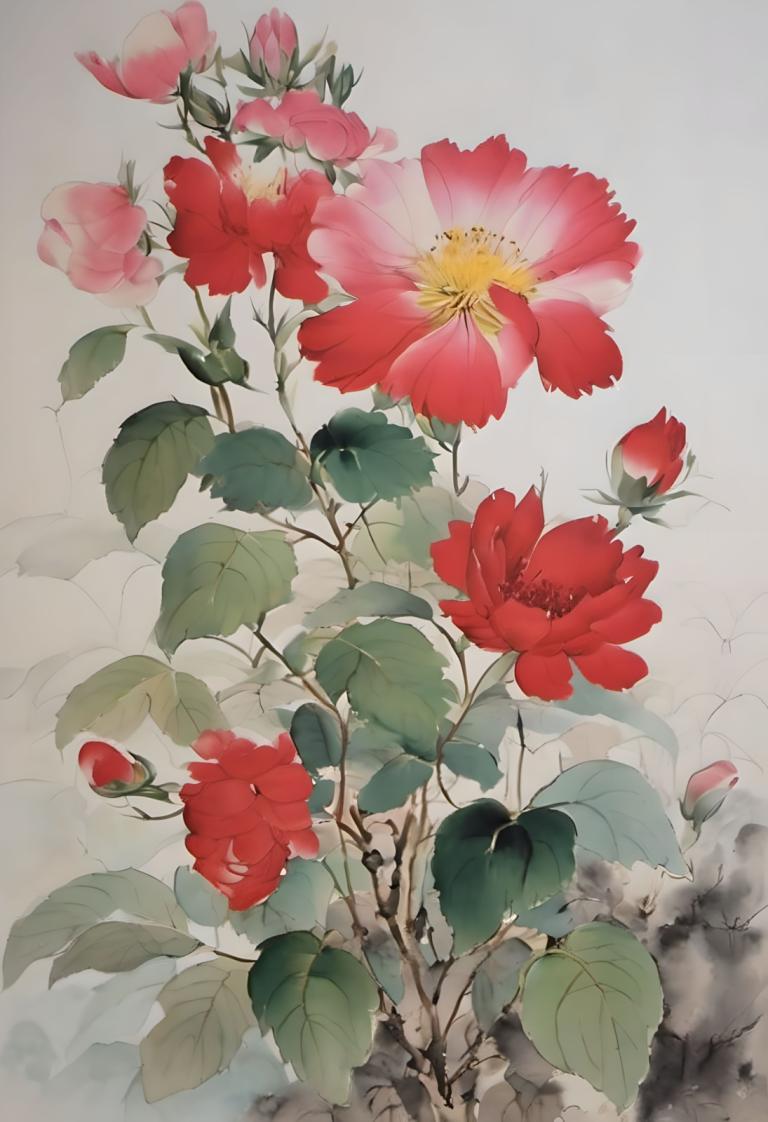 Chinese Paintings,Chinese Paintings, Nature, flowers, no humans, flower, leaf, still life, red flower