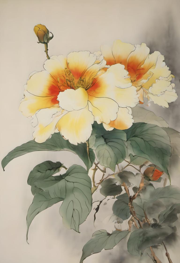 Chinese Paintings,Chinese Paintings, Nature, flowers, no humans, flower, still life, leaf, plant