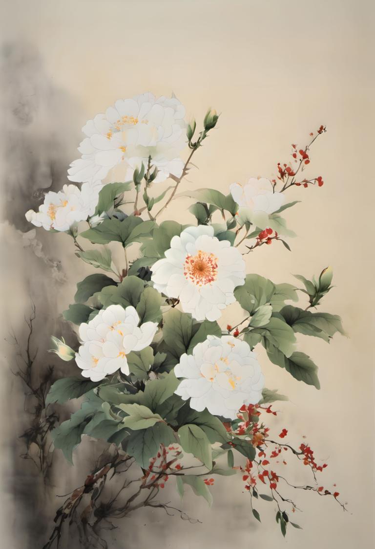 Chinese Paintings,Chinese Paintings, Nature, flowers, no humans, flower, branch, still life, leaf