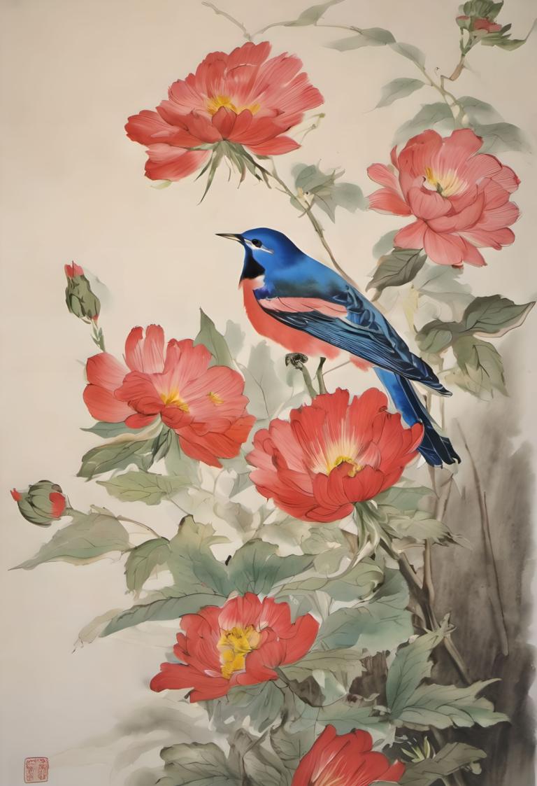 Chinese Paintings,Chinese Paintings, Nature, flowers, no humans, bird, flower, leaf, traditional media