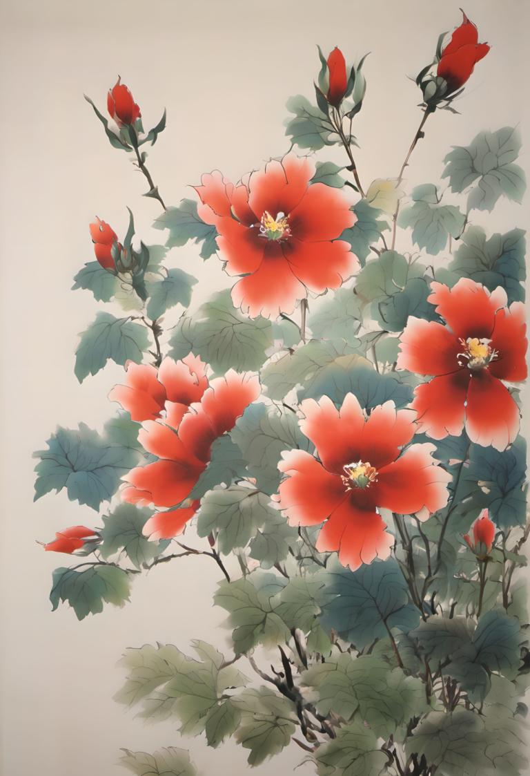 Chinese Paintings,Chinese Paintings, Nature, flowers, no humans, flower, red flower, still life, leaf, plant