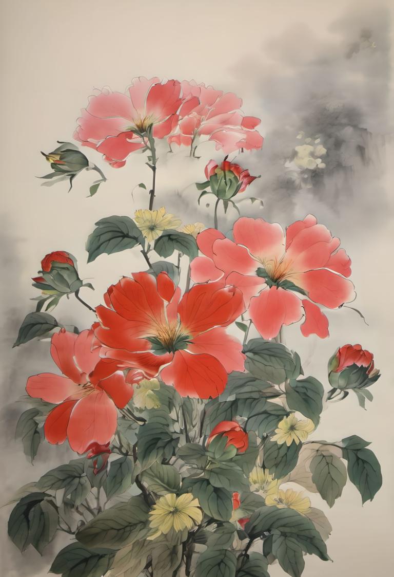 Chinese Paintings,Chinese Paintings, Nature, flowers, no humans, flower, leaf, red flower, cloud, still life