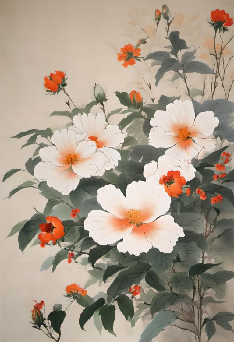 Chinese Paintings,Chinese Paintings, Nature, flowers, flower, red flower, leaf, plant, solo, white flower