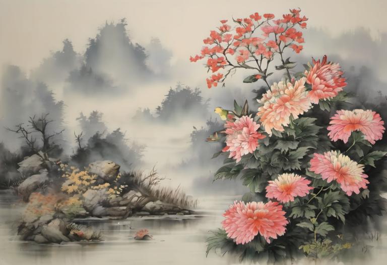 Chinese Paintings,Chinese Paintings, Nature, flowers, no humans, flower, scenery, tree, outdoors, nature