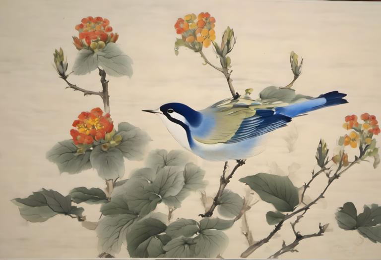 Chinese Paintings,Chinese Paintings, Nature, flowers, no humans, bird, flower, plant, animal focus