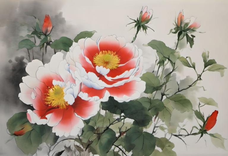 Chinese Paintings,Chinese Paintings, Nature, flowers, flower, no humans, leaf, plant, red flower