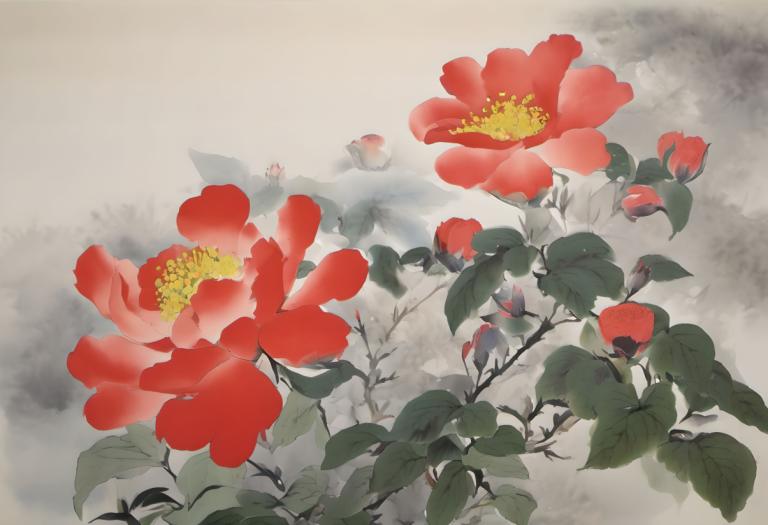 Chinese Paintings,Chinese Paintings, Nature, flowers, flower, no humans, red flower, leaf, still life