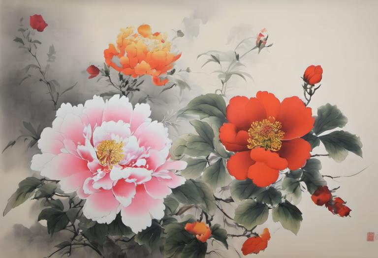 Chinese Paintings,Chinese Paintings, Nature, flowers, flower, no humans, still life, red flower, leaf