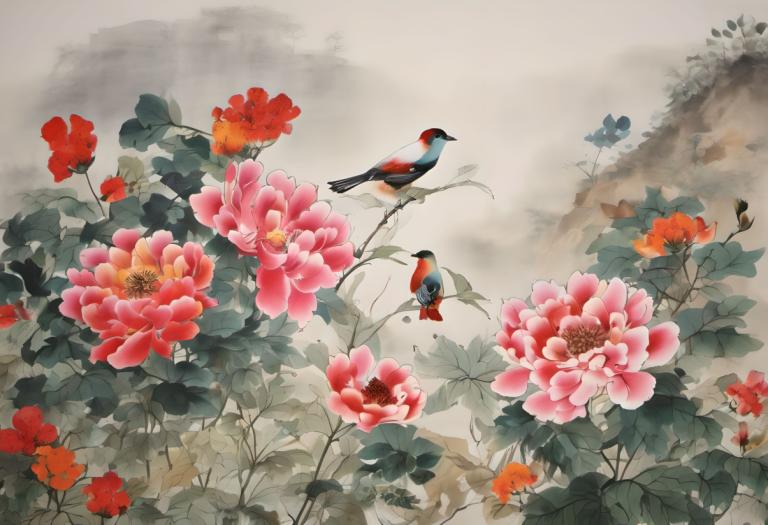 Chinese Paintings,Chinese Paintings, Nature, flowers, bird, flower, leaf, no humans, outdoors, red flower